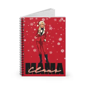 Christmas Spiral Notebook - Mama Claus Red Ruled Line Journal, Mrs Claus Mug Snowflake Background, Holiday Stationery Gift