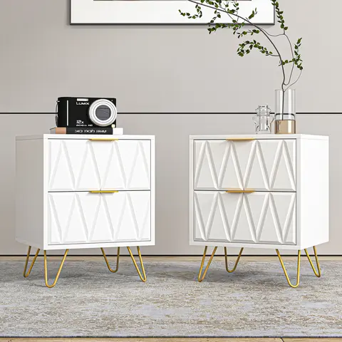 Spaco 2pcs Modern 2-Drawer Rectangle Nightstands - Gold Metal Legs Bedroom Storage Furniture, Above 25kg Weight Capacity, Elegant Small Space Side Storage Bedroom Accessory, Assembly Required Bedside Table
