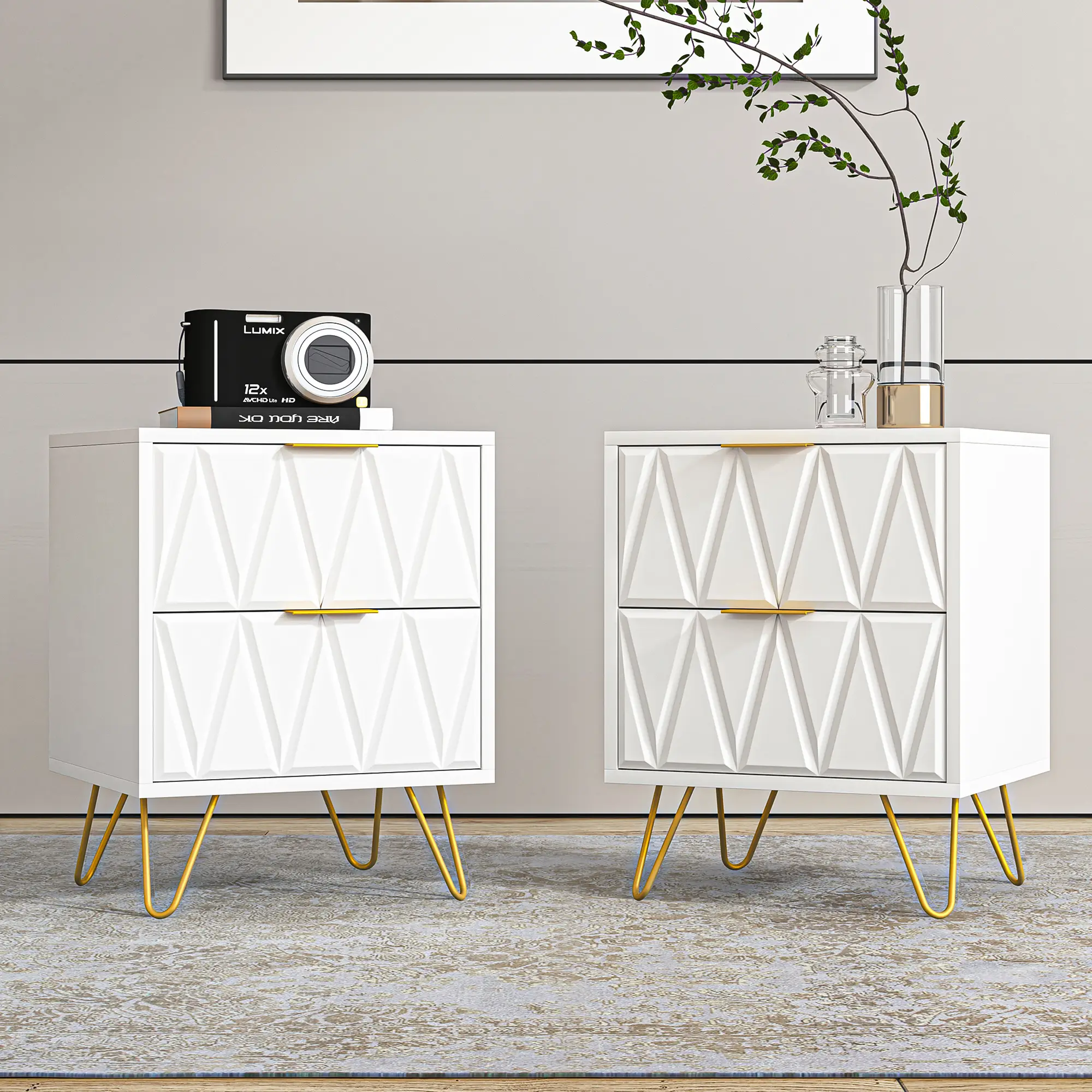 2pcs Nightstand Modern Bedside Table with 2 Drawers & Gold Metal Legs, Simple and Elegant Bedside Table,Night Stand Metal Legs for Bedroom Living Room