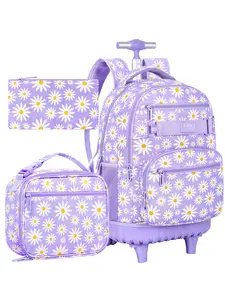 Girls Rolling Backpack, Women Roller Bookbag with Lunch Box for Adults, Water Resistant Wheeled School Bag for College Teens Kids Travel - Purple Flower