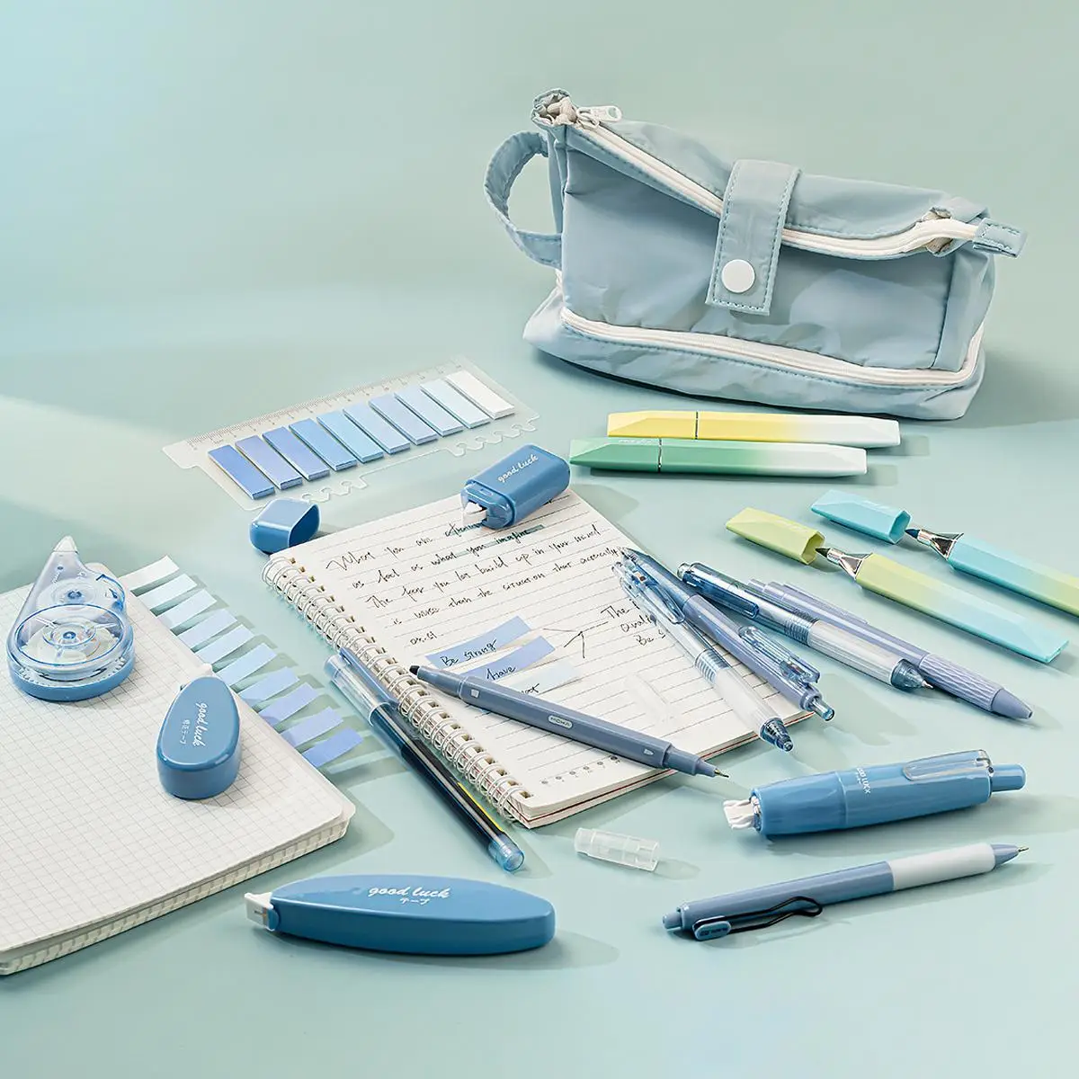 Gradient Color Writing Stationery Set, 18pcs/set Including 7 Mixed Color Gel Pen & 4 Fluorescent Pen & 1 Set Index Sticker & 1 Pen Bag & 5 Correction