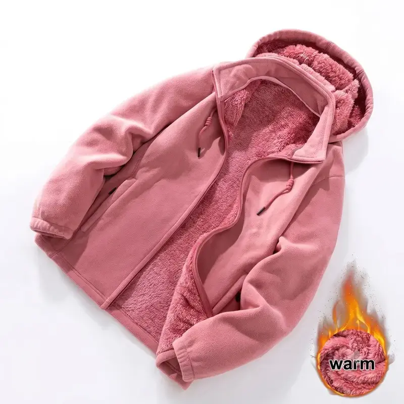 Women’s autumn/winter fleece jacket / cardigan with a thick, warm lining, hood design, casual and stylish, suitable for outdoor sports, detachable hood.