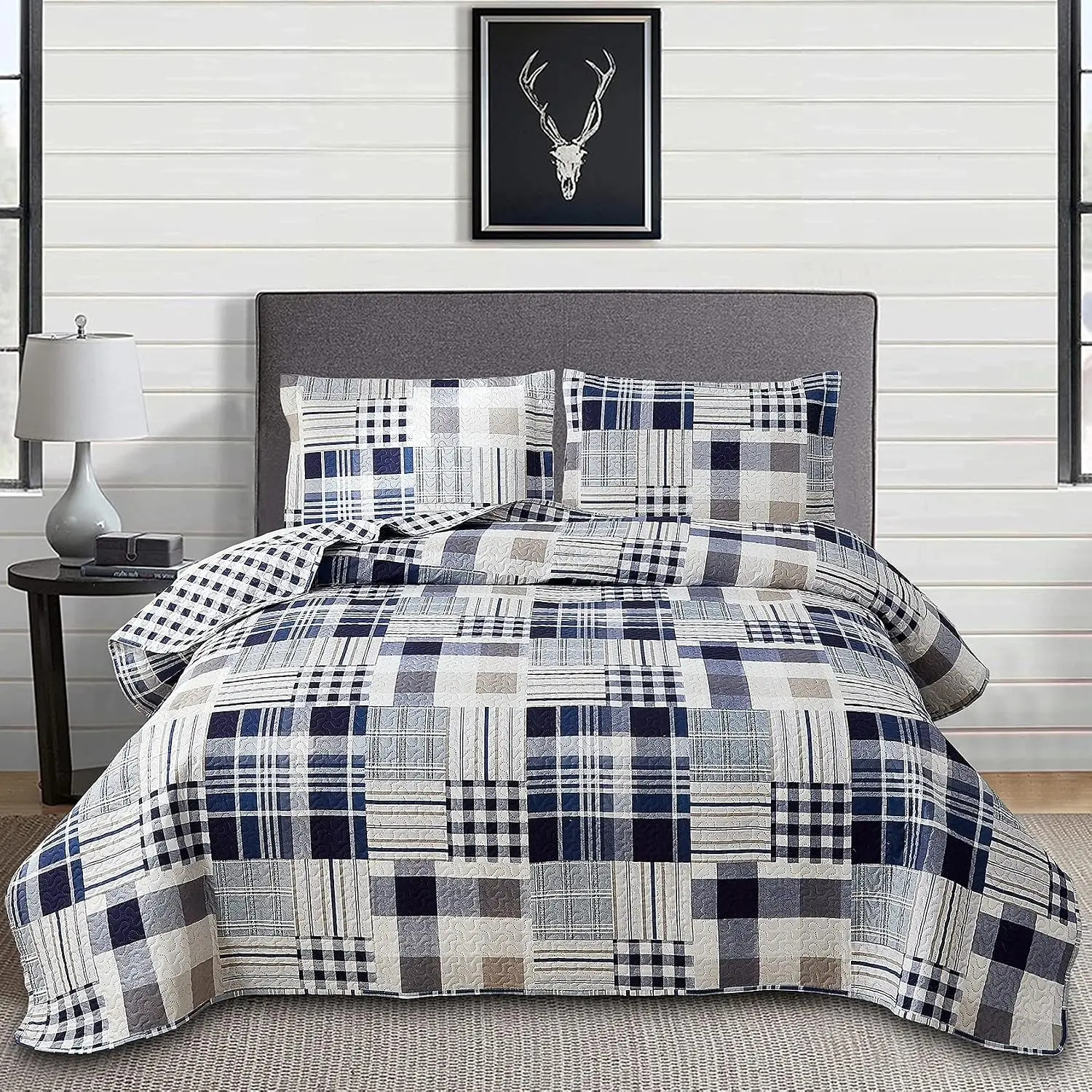 Blue White Brown Plaid Quilt Set Full/Queen Size Reversible Patchwork Bedspread Lightweight Blanket Soft Breathable Buffalo Check Bedding Gingham Coverlet Checker Bed Set Geometric Home Decor
