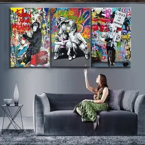 3-Piece Unframed Pop Street Graffiti Wall Art Modern Abstract Design Banksy Boy Girl In Love HD Oil On Canvas Posters And Prints For Living Room Bedroom Decor Gifts
