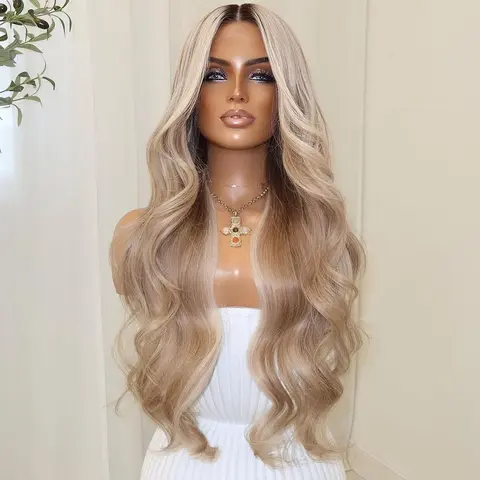Ombre Blonde Colored with Dark Brown Roots Human Hair Wigs Pre-Cut Lace Drawstring Pre Plucked 13x6 Lace Front 180% Density Remy Wig with Natural Hairline for Girls Fit for Daily Wear