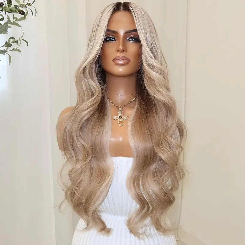 Ombre Blonde Colored with Dark Brown Roots Human Hair Wigs Pre-Cut Lace Drawstring Pre Plucked 13x6 Lace Front 180% Density Remy Wig with Natural Hairline for Girls Fit for Daily Wear