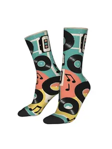 1 Pair Hip Hop graffiti Vintage Vintage Retro Backdrop Featuring Vinyl Records, Cassette Tapes & Music Notes Crazy Men's compression Socks Unisex Street Style Pattern Printed Funny Novelty Happy Crew Sock