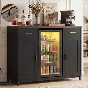 Coffee Bar Cabinet with Mini Fridge Space, Mini Fridge Cabinet Stand with Power Outlet, Liquor Wine Cabinets with Drawer and Door Storage, Buffet Sideboard Table for Dining Room Kitchen