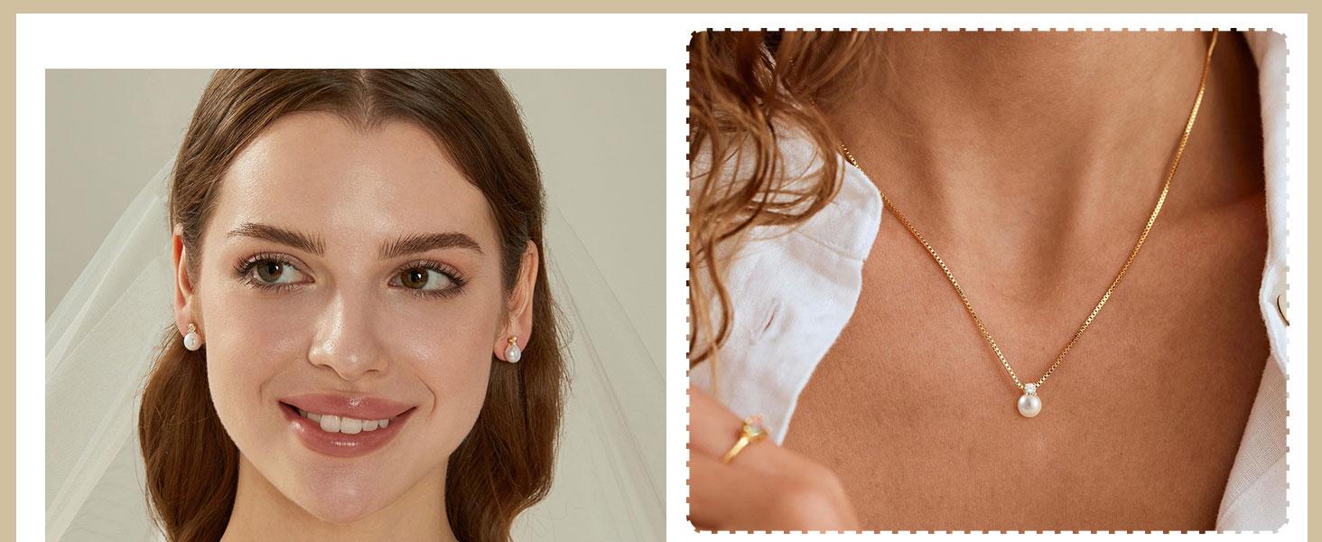 Pearl Necklaces for Women Trendy 6MM 8MM 10MM Dainty Round Natural Freshwater Pearl Necklace Silver 14K Gold Plated CZ Pearls Necklaces for Women Birthday Bridesmaid Wedding Gifts Pearl Jewelry