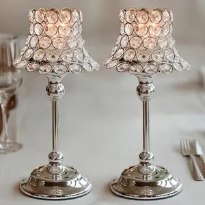 2 Pack Crystal Beaded Candle Holders – 12" Tall Silver Metal Centerpieces with Lamp-Inspired Shade for Tables & Events