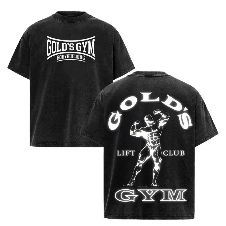Menswear Short-Sleeve Loose Retro Gold Graphic T-Shirt - Unisex, Double-Sided Print, Acid-Washed Heavyweight Cotton, Round Neck, Gym Pump Lift Club Design, Casual Bodybuilding Streetwear Athleisure Top Black, Shortsleeve