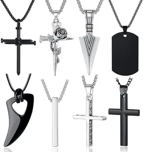 8 Pcs Men's Necklace Set – Black & Silver Stainless Steel Cross Pendant Chains, 16-24 Inch Adjustable Jewelry for Hip Hop, Wedding, Gift for Him