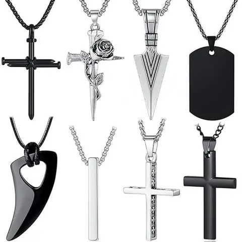 Men's 8pcs/Set Cross Necklaces - Black-Plated Silver Stainless Steel Crucifix Pendant, Figaro/Cuban Link Chains, 16-24in Adjustable Rust-Resist Skin-Friendly Hip-Hop Wear Jewelry, Silver Shine Black Edge, Gift-Ready Faith Symbol