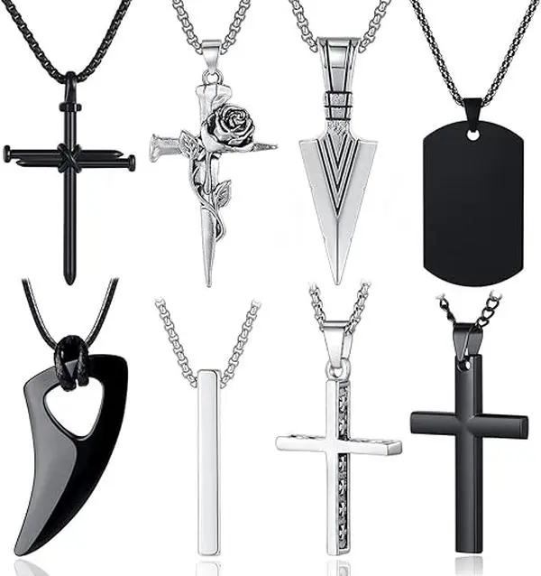 Men's 8-Pc Cross Necklaces Set - Black-Plated Silver Stainless Steel Crucifix Pendant, Figaro/Cuban Link Chains, 16-24in Adjustable Rustresist Finish Jewelry, Hip-Hop Wear & Formal Accessory, Gift-Ready Faith Symbol, Cuban Link Necklace, Figaro Chains, Si