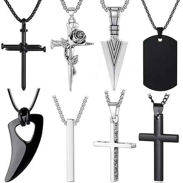 Men's 8pcs/Set Cross Necklaces - Black-Plated Silver Stainless Steel Crucifix Pendant, Figaro/Cuban Link Chains, 16-24in Adjustable Rust-Resist Skin-Friendly Hip-Hop Wear Jewelry, Silver Shine Black Edge, Gift-Ready Faith Symbol