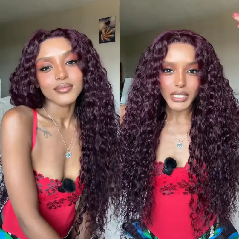 UNICE No Slip 99j Black Cherry Water Wave Wig 13x4 Lace Front Glueless Human Hair Wig with Drawstring Natural Looking Fashion Color Wig for Women