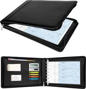 Zippered 7 Ring Business Checkbook Binder Portfolio for 3-on-a-Page Business Checks, 600 Checks Capacity, PU Leather Check Book Binder Cover for 9x13 Sheets, Built-in Storage Organizer, Black