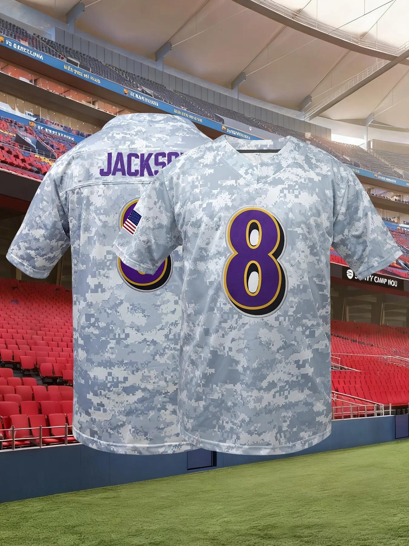 Men's Baltimore #8 Grey American Football Jersey,V Neck Short Sleeve Name and Number Embroidered Sports T-Shirt, Casual Loose Fit Football Jersey, Gift for Training,Thanksgiving,Christmas,New Year, Jersey Shirts