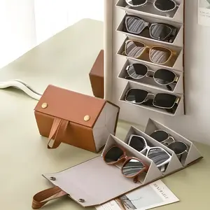 1PC 6 Grid Multi Compartment Sunglass Case, Foldable Travel Eyeglasses Organizer, PU Leather Hard Shell Glasses Storage Box for Men Women, Portable Holder for 6 Pairs of Spectacles