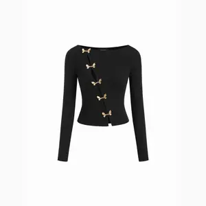 Cider Cotton-blend Boat Neck Asymmetrical Button Long Sleeve Top