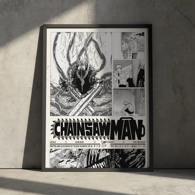 Chainsaw Man Anime Artwork Print, Denji Manga Minimalist Poster, Makima Power Devil Canvas Art - No Frame