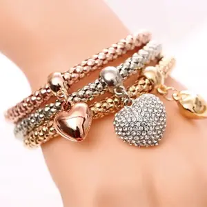 Bubble Hearts Charm Bracelet Set - 3-Piece Mix and Match Metal Tones