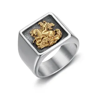 Medieval retro St. George slaying the dragon knight pattern men's ring, titanium steel ring, hip-hop heavy metal style, exquisite polished ring, perfect as a gift for boyfriend or father. Ideal for Valentine's Day, Christmas, Father's Day, and Easter.X278