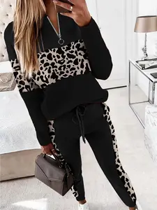 Women's Colorblock Leopard Print Zipper Mock Neck Sweatshirt & Drawstring Waist Sweatpants Set, Casual Long Sleeve Top & Pocket Jogger Pants For Spring & Fall Womenswear