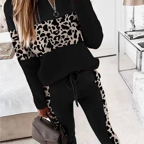 Women's Colorblock Leopard Print Zipper Mock Neck Sweatshirt & Drawstring Waist Sweatpants Set, Casual Long Sleeve Top & Pocket Jogger Pants For Spring & Fall Womenswear
