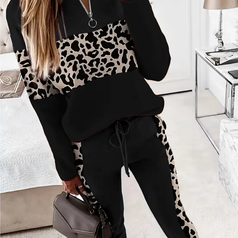 Women's Colorblock Leopard Print Zipper Mock Neck Sweatshirt & Drawstring Waist Sweatpants Set, Casual Long Sleeve Top & Pocket Jogger Pants For Spring & Fall Womenswear