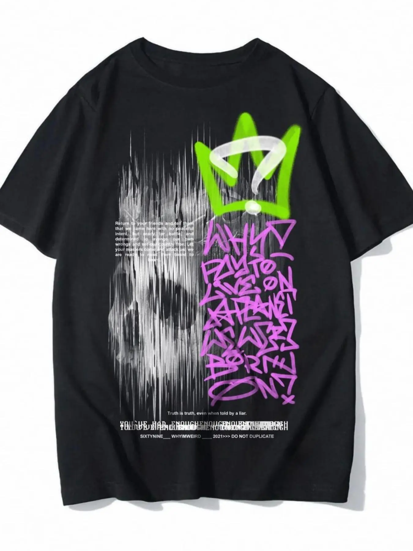 Men's Neon Green & Purple Cyberpunk Graffiti T-Shirt - Edgy Streetwear Tee with Soft Crewneck Short Sleeve, Machine Washable Fit Suitable for Concerts, Festivals, Casual Outfits - Urban Fashion Top for All-Season Wear