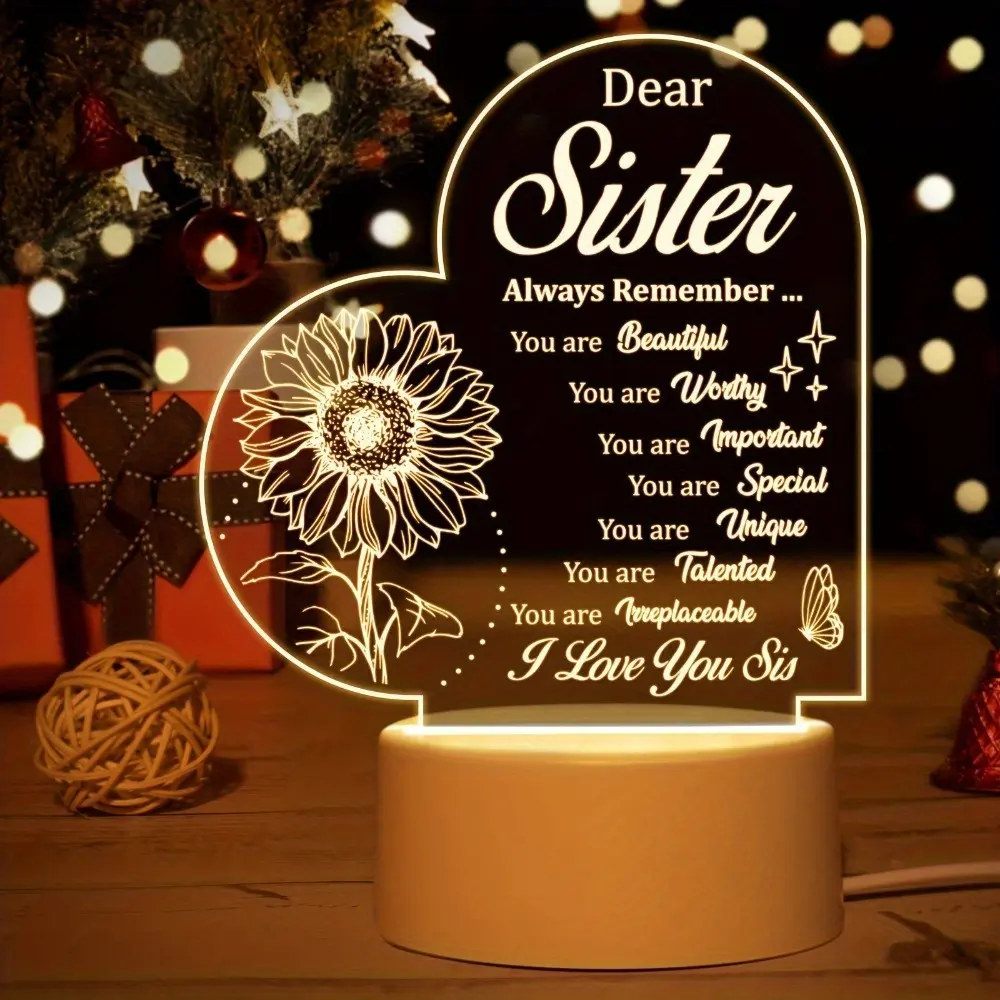 Dear Sister Sunflower Acrylic Engraved Night Light, Heart Shaped LED Lamp with ABS Base, Perfect Birthday Christmas Graduation Gift from Sister Brother, Bedroom Desk Decor Keepsake