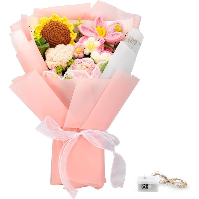 Crochet Flower Bouquet Kit 12 PCS Pink Handmade Knitted Fake Sunflower Rose Daisy for Christmas Mother's Day Birthday Wedding Home Decor Gifts