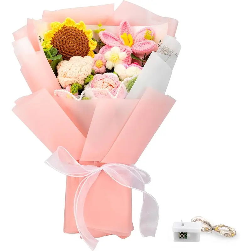 Crochet Flower Bouquet Kit 12 PCS Pink Handmade Knitted Fake Sunflower Rose Daisy for Christmas Mother's Day Birthday Wedding Home Decor Gifts