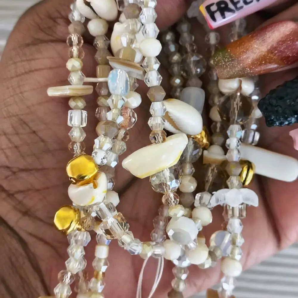 Ancestral Whispers Crystal Cowrie Shell Waistbead - Handmade Divine Female Body Jewelry Set, Casual Unisex Belly Chain with Metal Coating & Gold Bells