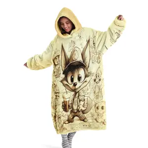Hooded Blanket Wearable Throw, Vintage Small Fox Print Hoodie Blanket, Soft Warm Flannel Blanket for Sofa Home Leisure Air Conditioning Nap Office Bed Camping Travel Valentine's Gift
