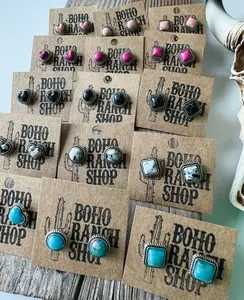 Western Mini Stone Stud Earrings - Heart Square Circle Bar