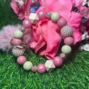 Dusky Sage wristlet keychain color scheme mauve, mint green, nude and bling beads handmade with wire