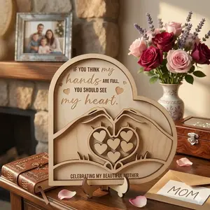 Personalized Wooden Heart-Shaped Plaque, Engrave Child's Name, Spring Mother's Day Desktop Decoration, Dual Layer Stand, Gift for Mom