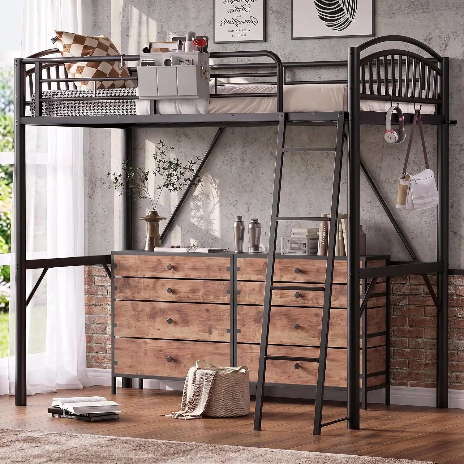 Decofy Metal Loft Bed Twin Size, Heavy Duty Loft Bed with Bedside Caddy, EVA Anti-Slip Ladder with Sturdy Guardrails, Space-Saving Twin Size Loft Bed for Teens & Adults for Bedroom Dorm