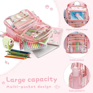 Cute Transparent Backpack for Girls - PVC School Backpack with Free Stickers & Pendant, Large Capacity Stadium Approved Design, Multiple Compartments & Side Pockets, Reinforced Straps (Pink), Backpack for School