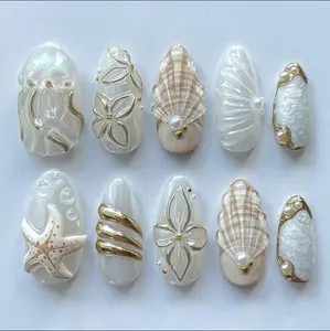 Seashell Starfish Press on Nails 3D Gold Chrome Jellyfish Mermaid Handmade Nails Art Gif For Wedding Party Holiday