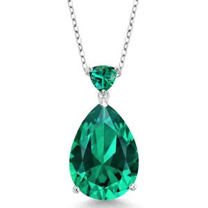 925 Sterling Silver Pear Shape Green Nano Emerald Pendant Necklace For Women (9.72 Cttw, with 18 Inch Silver Chain)