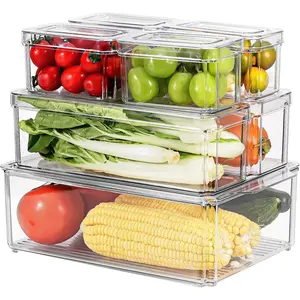 7 Pack Stackable Fridge Organizer Bins with Lids KitchenClear Acrylic Kitchen Refrigerator Organizers and Storage, Dripping Hole Design to Keep Food Fruit Vegetable Fresh for Freezer, Pantry