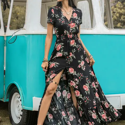 Women's Floral Print Button Front Split Thigh Dress, Boho V Neck Short Sleeve Shirred Waist Ruffle Hem Long Dress, Lady Summer Clothes for Holiday, Bohemian Style Dresses, Beachy Style Dress, Womenswear