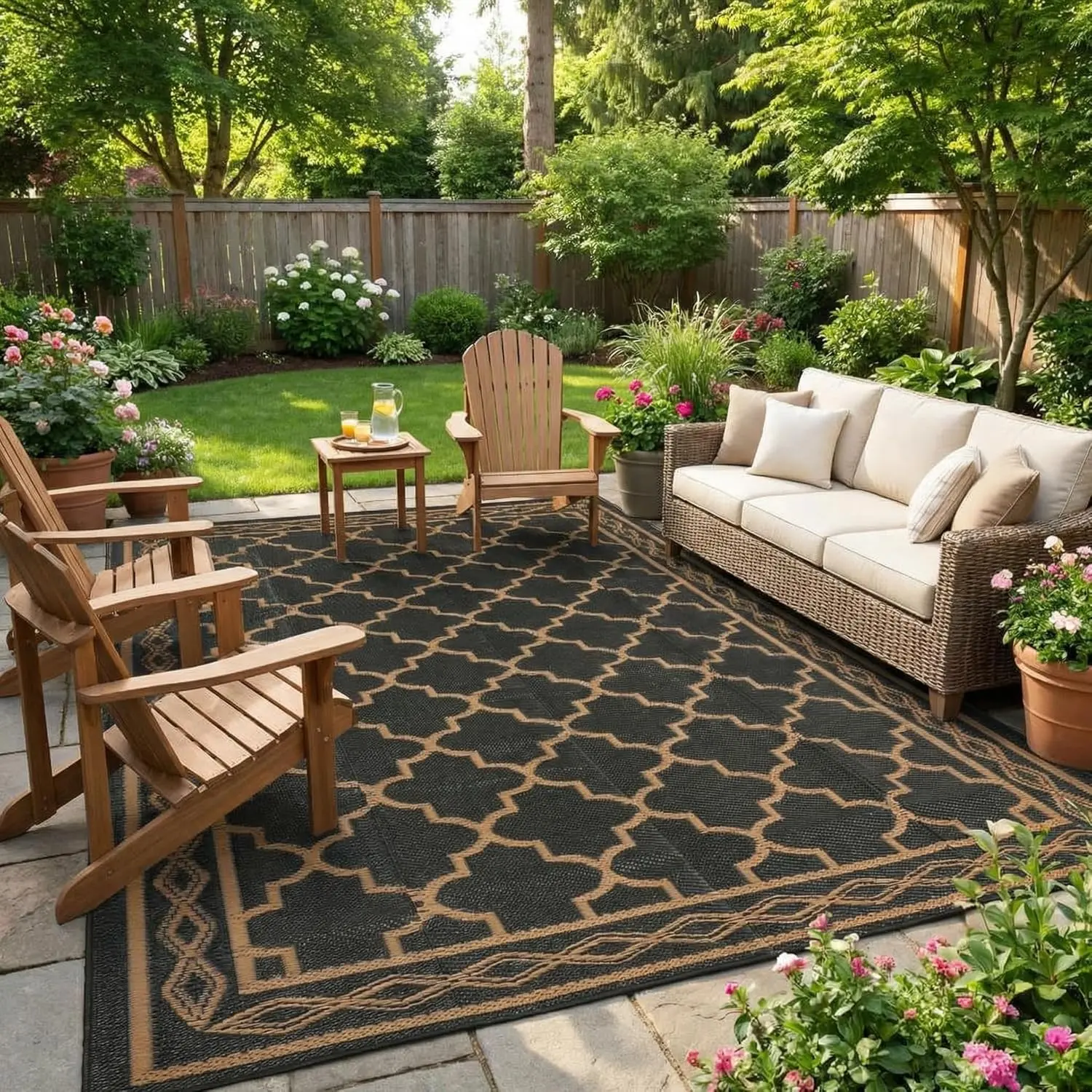 10x14 Ft Large Outdoor Plastic Straw Rug - Vintage Trellis, Reversible, Waterproof, Sun Protection Patio Floor Mat, Black Brown Foldable Area Rug for RV, Beach, Backyard