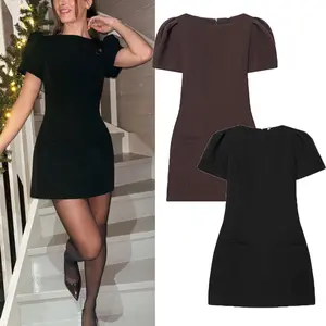 Women's Pleated Mini Dresses Elegant Party Dresses Woman Puff Sleeve Short Dresses Vacation Women's Black Brown Dresses