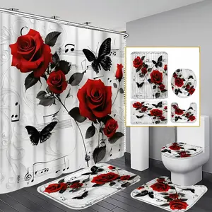1/3/4PCS Rose & Butterfly Shower Curtain Set, 71x71 Inches, Includes Background Pattern, Comes with 12 Hooks, 1/3/4pcs Options, Shower Essentials, Bathroom Curtain