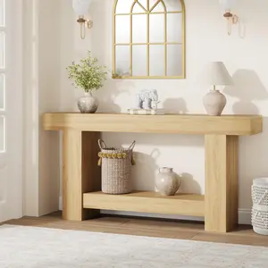 47"/63" Natural Wood Console Table with PB Frame & 2-Tier Storage Shelf, Slim Sofa Table for Entryway, Living Room & Hallway