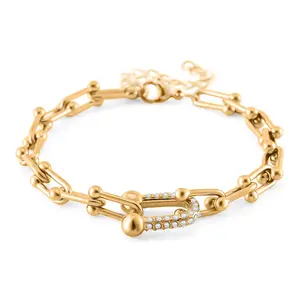 White Crystal U Link Horseshoe Bracelet in ION Plated YG Stainless Steel 7.5-9.5In Christmas Gifts